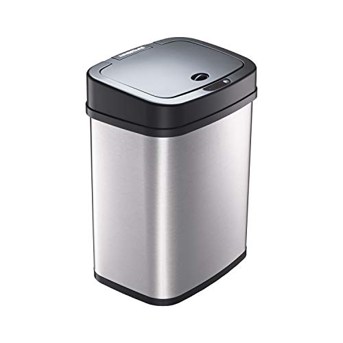 Product Cover Ninestars DZT-12-5 Bedroom or Bathroom Automatic Touchless Infrared Motion Sensor Trash Can, 3 Gal 12L, Stainless Steel Base (Rectangular, Black Lid)