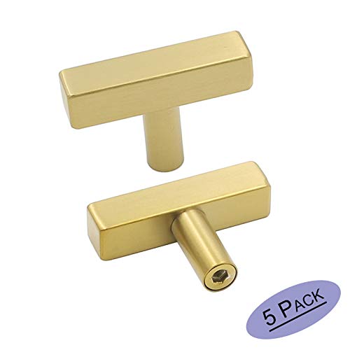 Product Cover goldenwarm 5Pack Brushed Brass Cabinet Knobs Kitchen Cabinet Hardware Knobs - LS1212GD Square T Bar Gold Cupboard Door Handles Gold Knobs for Dresser Drawers Single Hole 2