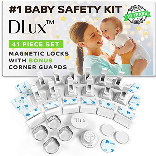 Product Cover Magnetic Cabinet Locks Child Safety 41-Piece Kit with New Upgraded Adhesive [12 Magnet Locks 2 Keys 4 Corner Guards] Easy Installation No-Drill Baby Proofing Locks to Childproof Cabinets & Drawers