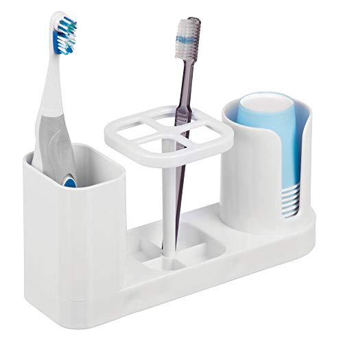 Product Cover mDesign Plastic Bathroom Vanity Countertop Dental Storage Organizer Holder Stand for Electric Spin Toothbrushes/Toothpaste with Compartment for Rinse Cups - Compact Design - White