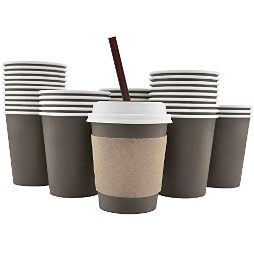 Product Cover 100 Pack - 8 Oz [12, 16, 20] [4 Colors] Disposable Hot Paper Coffee Cups, Lids, Sleeves, Stirring Straws - Mocha Brown