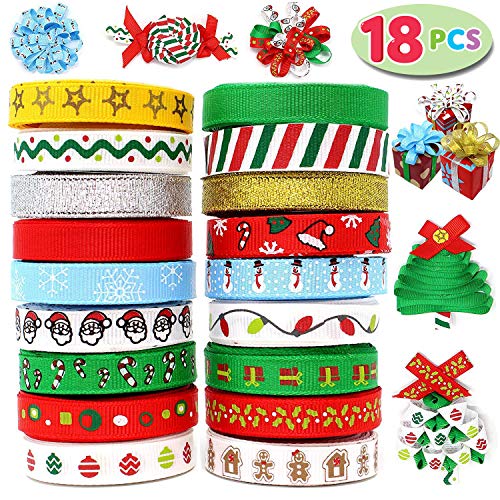 Product Cover Joiedomi 18Pcs Christmas Ribbons; 90 Yard Grosgrain Satin Fabric Ribbons for Christmas Holiday Gift Box Wrapping, Hair Bow Clips, Gift Bows, Craft, Sewing, Wedding (18PCS One-Size)