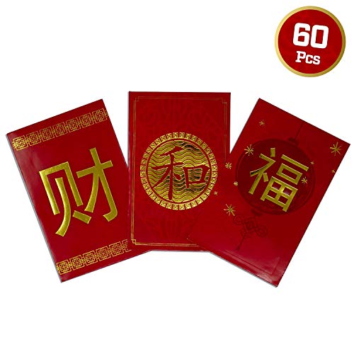 Product Cover Chinese Red Envelopes - 60pcs Money Pockets for 2019 New Year of The Pig Gifts - Lucky Tao Hong Bao Packets Favors for Party and Festivals