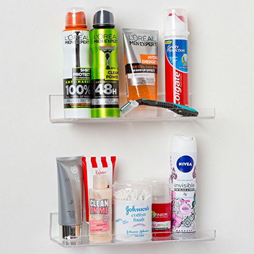 Product Cover 'Invisible' Bathroom Shelf Wall Mounted [2 Pack] 10 inch Clear Acrylic Shelves by Pretty Display. Extra Strong & Easy to Wall Mount