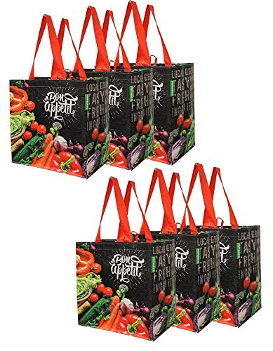 Product Cover Earthwise Reusable Grocery Shopping Bags Extremely Durable Multi Use Large Stylish Fun Foldable Water-Resistant Totes Design - Chalkboard Veggies (Pack of 6)