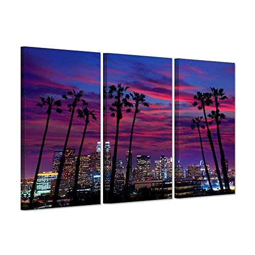 Product Cover iHAPPYWALL 3 Piece Canvas Purple Wall Art USA Los Angeles Night City Lights Cityscapes with Plam Trees Silhouette Over Glow Sky Picture Print On Canvas Stretched for Home Decor