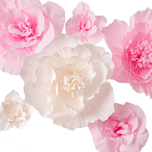 Product Cover Handcrafted Flowers,Large Crepe Paper Flowers(Pink and White flower Set Of 6)For Wedding Backdrop, Baby Nursery Home Decor, Birthday Party, Photo Backdrop,Nursery Wall,Archway Decor,Event Decorations