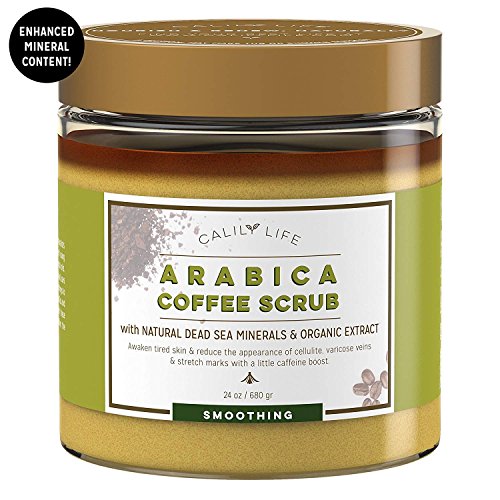 Product Cover Calily Life Organic Arabica Coffee Scrub with Dead Sea Minerals, 24 Oz. - Helps for Wrinkles, Stretch Marks, etc. - Deep Hydrating, Exfoliating and Cleansing - Achieve Smooth and Firm Skin [ENHANCED]