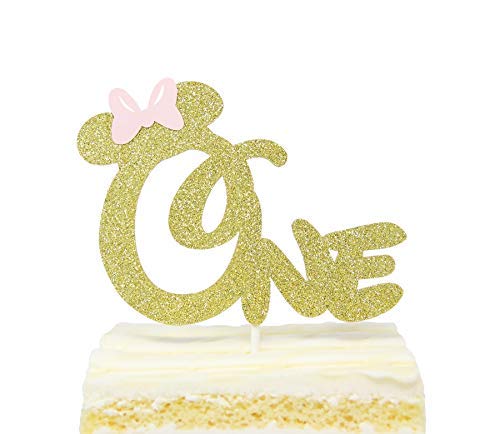 Product Cover First 1st One Year Birthday Cake Topper - Gold Glitter Minnie Mouse Bow Birthday Cake Topper