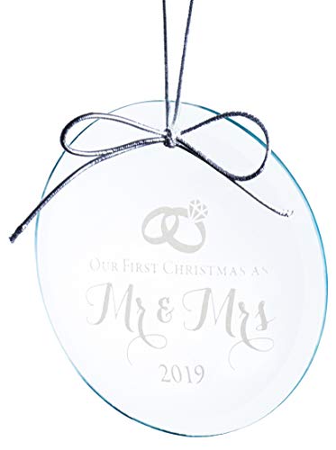 Product Cover Mr and Mrs Wedding Ornament 2019 - Elegant Design Etched on Jade Crystal (3 Inches) in Black Box - Our First Year Together - Just Married Bridal Shower Ideas for Newlyweds or Couples