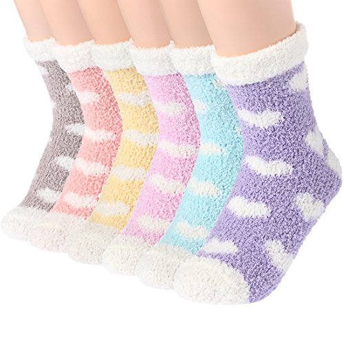 Product Cover Plush Slipper Socks Women - Colorful Warm Fuzzy Crew Socks Cozy Soft 6 Pairs for Winter Indoor (Heart-shaped Pattern)