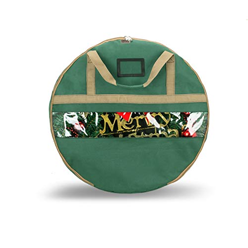 Product Cover ONWAY Wreath Storage Container Heavy Duty Canvas Wreath Storage Bag for Christmas/Easter/Door/Spring/Winter/Welcome/Valentines Day Wreath with Clear Window and Transparent Card Slot (30 inch Green)