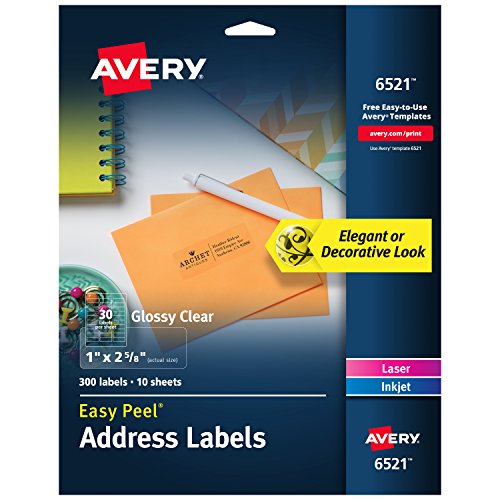 Product Cover Avery Glossy Crystal Clear Address Labels for Laser & Inkjet Printers, 1 x 2-5/8 Inch, 300 Labels (6521)