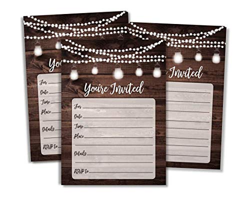 Product Cover Rustic Invitations and Envelopes (Large Size 5x7) - Wedding - Engagement - Birthday Party - Baby Shower - Any Occasion - Wood and Lights (50 Count)