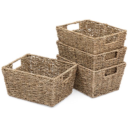 Product Cover Best Choice Products Set of 4 Multipurpose Stackable Seagrass Storage Laundry Organizer Tote Baskets w/Insert Handles