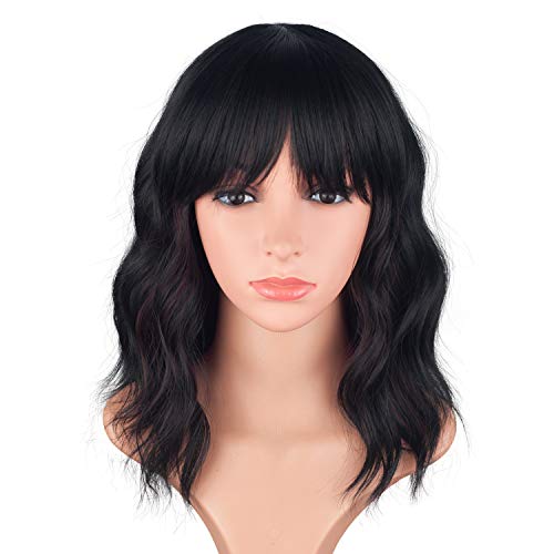 Product Cover Fashion Short wavy wigs for black women Black Mix Brown Curly Hair Wigs With Bangs None Lace Synthetic Full Wigs Heat Resistant Cosplay Party Custom Wigs(Black Mix Brown)