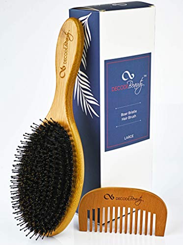 Product Cover Boar Bristle Hair Brush - Natural Pure Boar Bristles Mixed with Nylon Pins - Large Wood Handle - Easy to Detangle Long and Thick Hair - Add Natural Shine and Texture -Boar Brush For Men Women and Kids