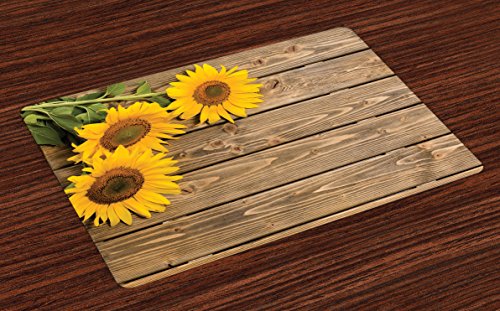 Product Cover Lunarable Sunflower Place Mats Set of 4, 3 Sunflowers on Wooden Background at Top Left Corner Picture Print, Washable Fabric Placemats for Dining Table, Standard Size, Yellow Umber