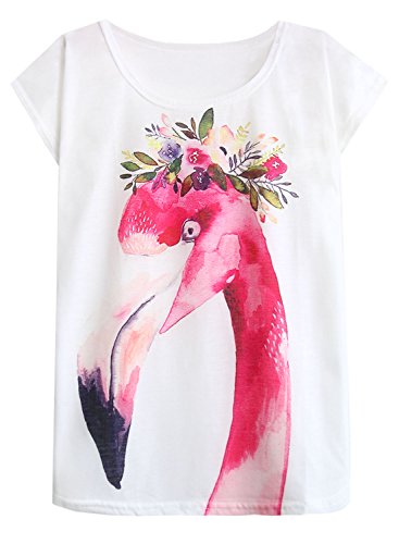 Product Cover FUTURINO Women's Garland Flamingo Print Crewneck Short Sleeve T-Shirt Top Tees M White