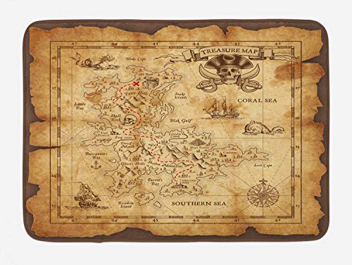 Product Cover Ambesonne Island Map Bath Mat, Super Detailed Treasure Map Grungy Rustic Pirates Gold Secret Sea History Theme, Plush Bathroom Decor Mat with Non Slip Backing, 29.5