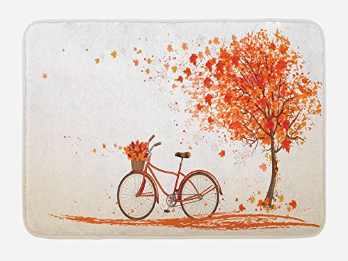 Product Cover Ambesonne Bicycle Bath Mat, Autumn Tree with Aged Old Bike and Fall Tree November Day Fall Season Park Nature Theme, Plush Bathroom Decor Mat with Non Slip Backing, 29.5