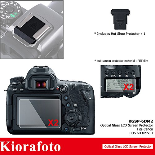 Product Cover Kiorafoto 2 Pack 2.5D / 9H Optical Tempered Glass LCD Screen Protector + Sub-Screen PET Film Protector for Canon EOS 6D Mark II / 6DM2 / 6D2 DSLR Camera Screen Protector with Hot Shoe Dustproof Cap