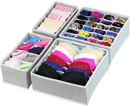 Product Cover HOUZIEOrganizer Wardrobe - Set of 4 Foldable Storage Box Type Non-Smell Drawer Organizer Closet Storage for Socks Bra Tie Scarfs - Grey Color