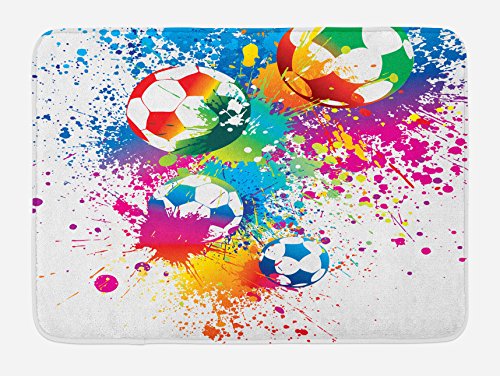 Product Cover Ambesonne Soccer Bath Mat, Colored Splashes All Over Soccer Balls Score World Cup Championship Athletic, Plush Bathroom Decor Mat with Non Slip Backing, 29.5