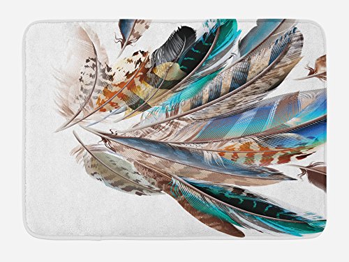 Product Cover Ambesonne Feathers Bath Mat, Vaned Types and Natal Contour Flight Bird Feathers and Animal Skin Element Print, Plush Bathroom Decor Mat with Non Slip Backing, 29.5
