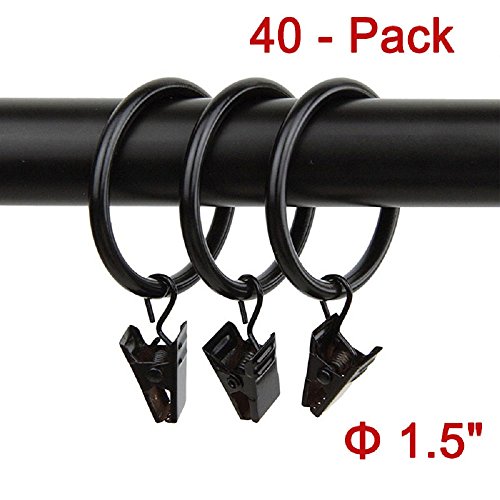 Product Cover 40pcs Rustproof Drapery Matte Stainless Steel Metal Curtain Rings with Clips 1.5 inch Drapery Rings, Vintage Black (1.5