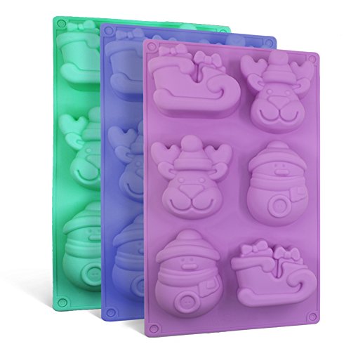 Product Cover SENHAI 3 Pack Christmas Silicone Molds, Soap Chocolate Trays Cake Baking Pans, with Shape of Snowman Reindeer Sleigh, 6 Cavities - Purple, Blue, Green