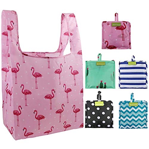 Product Cover Foldable Reusable Grocery Bags Bulk 5 Cute Designs Folding Shopping Tote Bag Fits in Pocket Eco Friendly Ripstop Nylon Waterproof and Machine Washable Cloth Bags for Groceries Recycle Gift Bags Large