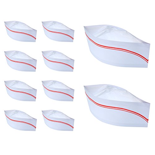 Product Cover BBTO 10 Pieces Soda Jerk Paper Hats Food Server Cap Retro Chef Caps with Red Strips for Theme Restaurant Party