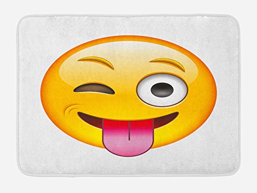Product Cover Ambesonne Emoji Bath Mat, Cartoon Like Technologic Smiley Flirty Sarcastic Happy Face with Tongue Modern Print, Plush Bathroom Decor Mat with Non Slip Backing, 29.5