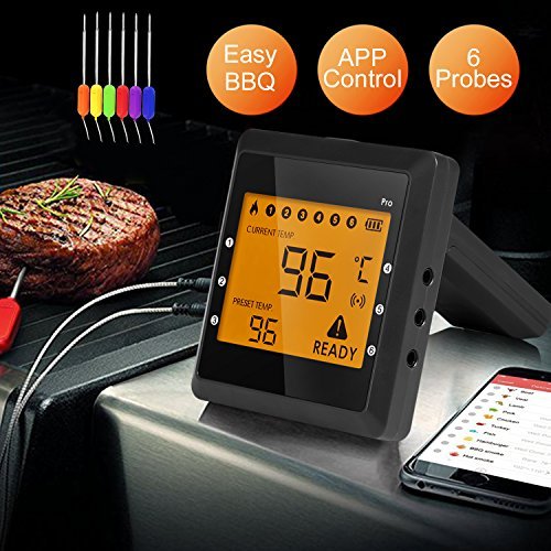 Product Cover Digital Bluetooth Meat Thermometer for iPhone - 6 Long Probes, Smart Instant Read, Phone App Wifi Remote, Battery Powered, Easy for Cooking Food, BBQ Grilling, Wireless Leave in Oven Safe and Smoker