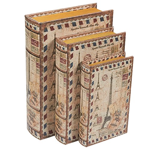 Product Cover 3 Piece Book Box Set - Decorative Book Storage Box Money, Jewelry, Eiffel Tower Design, 3 Different Sizes, 8, 10, 12 Inches