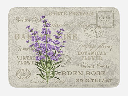 Product Cover Lunarable Lavender Bath Mat, Vintage Postcard Composition with Grunge Display and Flowers, Plush Bathroom Decor Mat with Non Slip Backing, 29.5