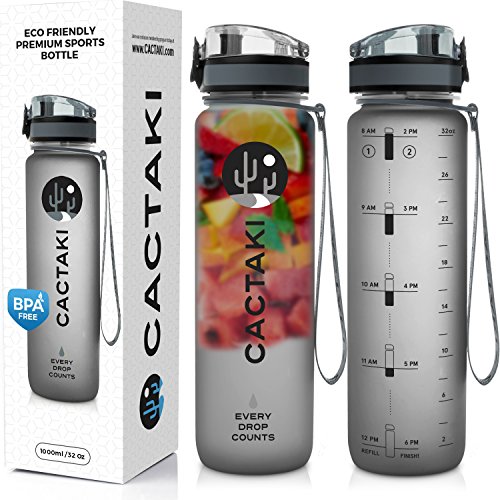 Product Cover Cactaki Water Bottle with Time Marker, Large BPA Free Water Bottle, Non-Toxic, 1 Liter 32 Oz, for Fitness and Outdoor Enthusiasts, Leakproof, Durable