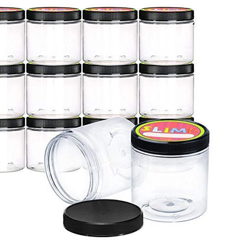 Product Cover Empty Slime Storage Containers - 12 Pack - 8 Oz. Clear Slime Jars with Lids and Labels - BPA Free Material