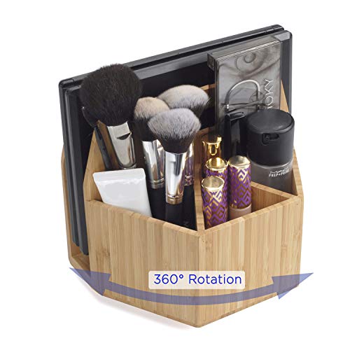 Product Cover MobileVision Bamboo Makeup Organizer Rotating Caddy, Cosmetics Storage, Palette Holder, Brush Compartments, Tabletop Carousel for Toiletries, Perfumes, Lotions