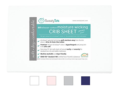 Product Cover Moisture Wicking Fitted Crib Sheet for Sweaty, Leaky, Drooly Sleepers - Jersey Knit, Fits Standard Crib and Toddler Mattresses, Features Patented Drirelease(R) Moisture Wicking Technology (White)