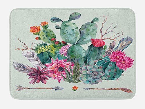 Product Cover Ambesonne Cactus Bath Mat, Spring Garden with Boho Style Bouquet of Thorny Plants Blossoms Arrows Feathers, Plush Bathroom Decor Mat with Non Slip Backing, 29.5