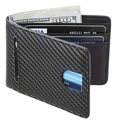 Product Cover Casmonal Mens Leather Wallet Slim Front Pocket Wallet Billfold RFID Blocking (Carbon Fiber Leather Black)