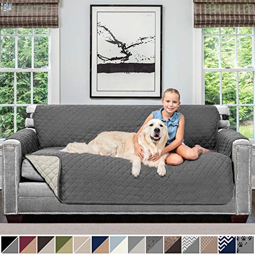 Product Cover Sofa Shield Original Patent Pending Reversible Large Sofa Protector for Seat Width up to 70 Inch, Furniture Slipcover, 2 Inch Strap, Couch Slip Cover Throw for Pets, Kids, Cats, Sofa, Charcoal Linen