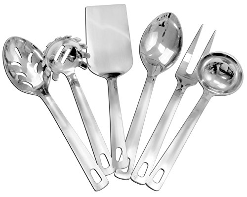 Product Cover Complete Serving Spoon & Utensil Set (6-Piece Set); Includes Pasta Server, Fork, Spoon, Slotted Spoon, Ladle, Cake/Casserole Server; Stainless Steel Classic Plain Handle Flatware