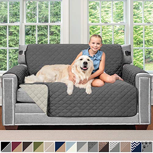 Product Cover Sofa Shield Original Patent Pending Reversible Loveseat Protector for Seat Width up to 54 Inch, Furniture Slipcover, 2 Inch Strap, Couch Slip Cover Throw for Pets, Dogs, Love Seat, Charcoal Linen