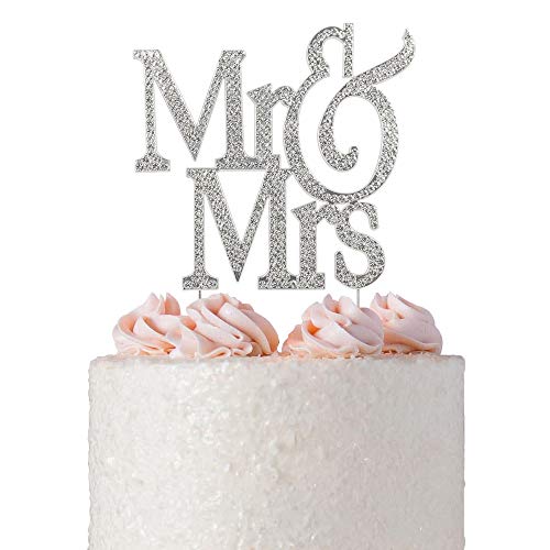 Product Cover Mr and Mrs Cake Topper | Premium Crystal Bling Rhinestone Diamond | Wedding Anniversary Bridal Shower Bachelorette Party or Vow Renewal Decoration Ideas | Perfect Keepsake (Mr&Mrs Non-Script Silver)