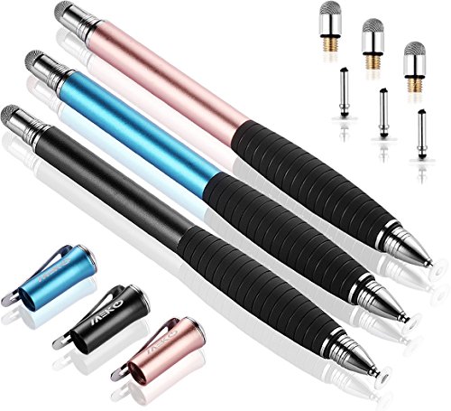 Product Cover MEKO (2nd Gen)[2 in 1 Precision Series] Universal Disc Stylus Touch Screen Pen for iPhone,iPad,All Other Capacitive Touch Screens Bundle with 6 Replacement Tips,Pack of 3 (Black/Rose Gold/Aqua Blue)