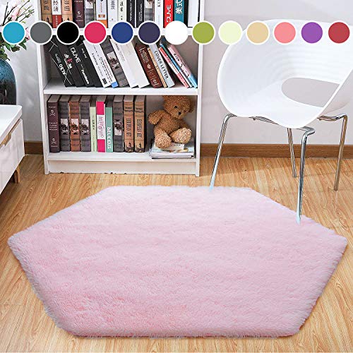 Product Cover Junovo Ultra Soft Rug for Nursery Children Room Baby Room Home Decor Dormitory Hexagon Carpet for Playhouse Princess Tent Kids Play Castle, Diameter 4.6 ft, Pink