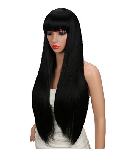 Product Cover Kalyss 28 inches Women's Silky Long Straight Black Wig Heat Resistant Synthetic Wig With Bangs Hair Wig for Women